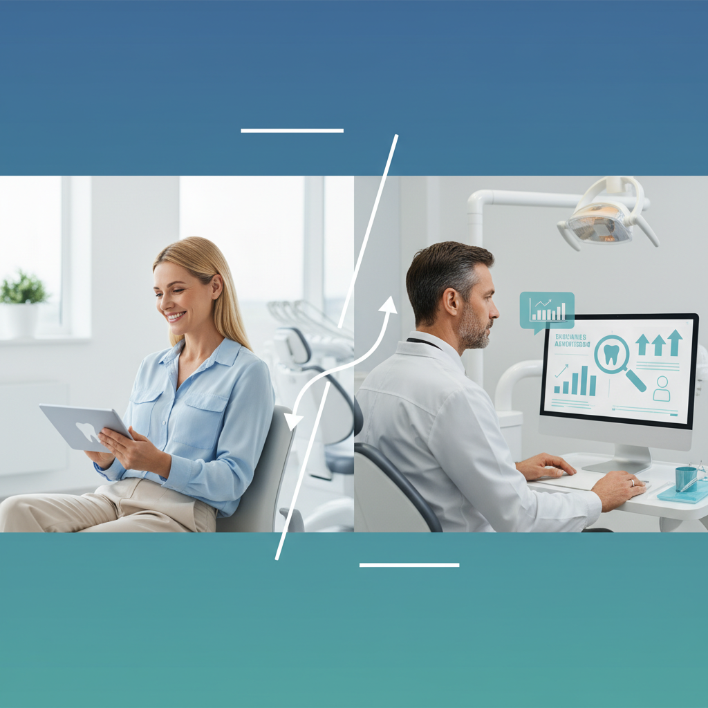 Google Ads für Zahnärzte - Ein Bild von eine Frau auf einer Couch die nach einem Zahnarzt sucht und ein Zahnarzt der auf einen Computer guckt.